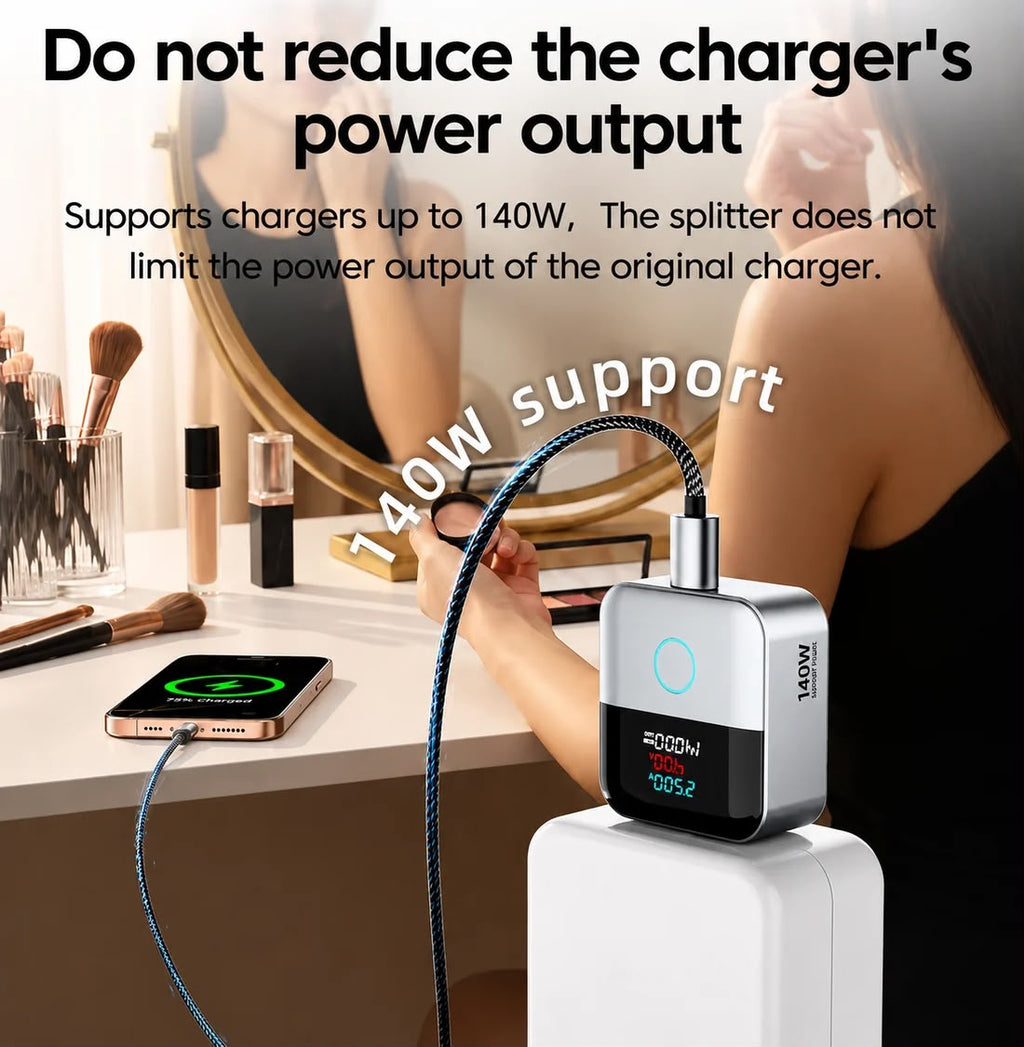 A 140W USB charger adapter shown in a lifestyle setting on a white pedestal, with a woman using a smartphone on a vanity table in the background. The charger has a silver and black body with a digital display showing '3000W 100%'.