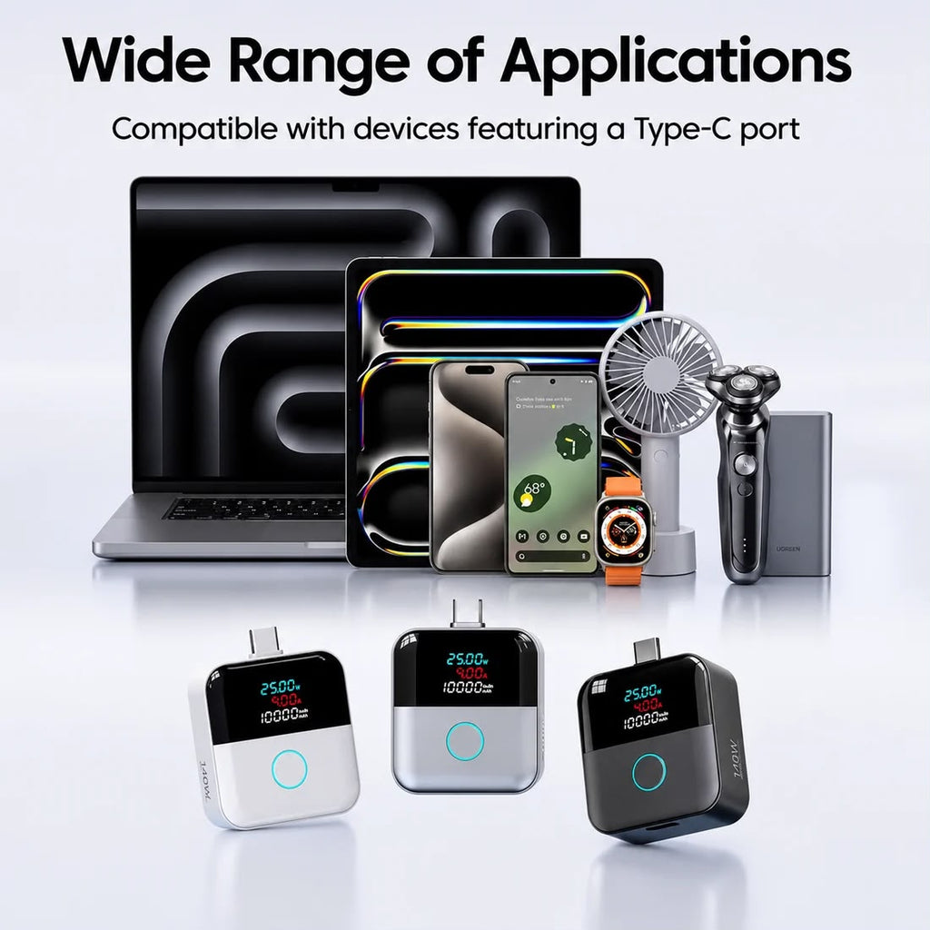 Three small portable electronic devices shown in white and dark gray/black, with a laptop, smartphone, watch, fan, and electric shaver displayed behind them under the text 'Wide Range of Applications' and 'Compatible with devices featuring a Type-C port.'.