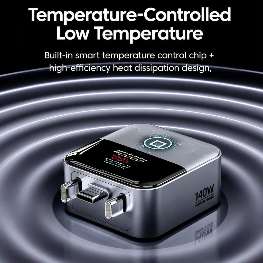 A 140W dual-port USB charger with a digital temperature display, shown on a dark background with glowing concentric wave graphics and text highlighting temperature control features.